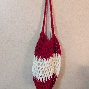 Hand-Crocheted Red & Cream Net Tote Bag